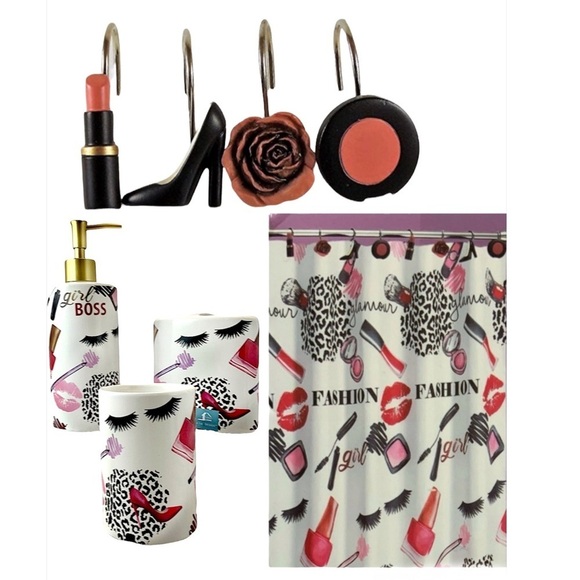 Fashion Boss 5 Pieces Fabric Shower Curtain and Accessories Set Fashion Theme